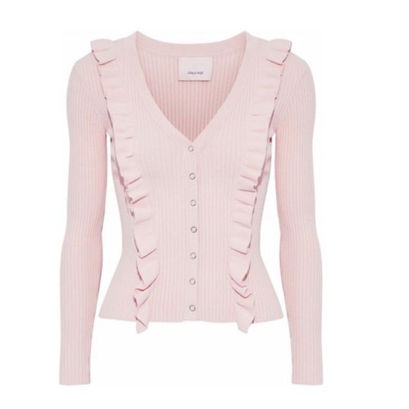 cinq a sept Sweaters - Cinq a Sept Noya Ruffled Rib Knit Fitted Snap-Front V-Neck Cardigan